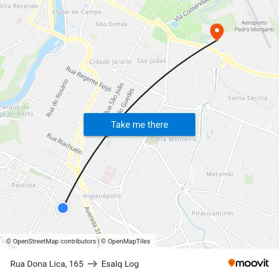 Rua Dona Lica, 165 to Esalq Log map