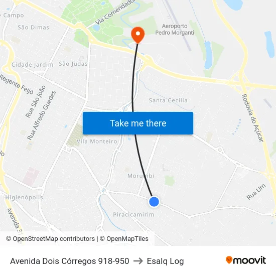 Avenida Dois Córregos  918-950 to Esalq Log map