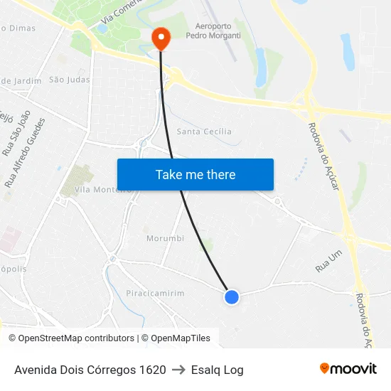 Avenida Dois Córregos 1620 to Esalq Log map