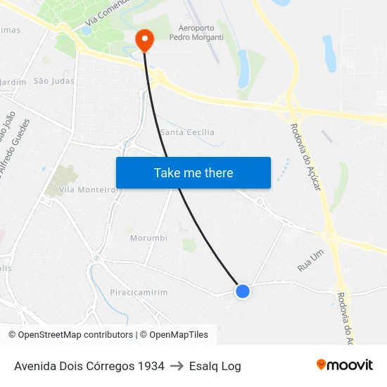 Avenida Dois Córregos 1934 to Esalq Log map