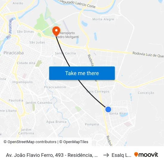 Av. João Flavio Ferro, 493 - Residência, Nº 493 to Esalq Log map