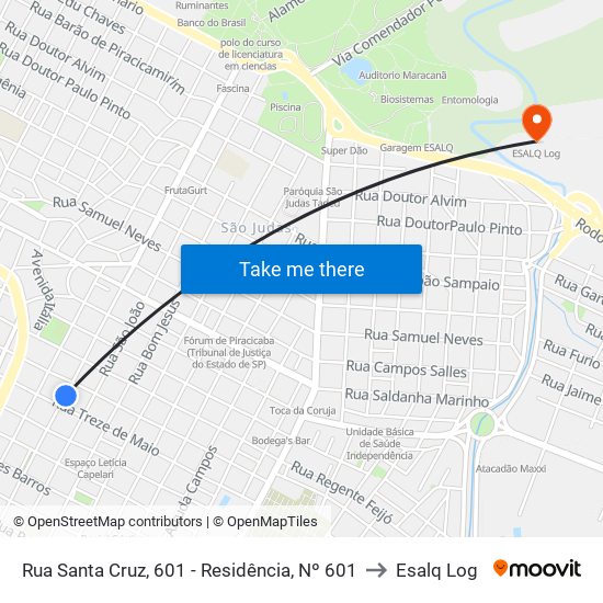 Rua Santa Cruz, 601 - Residência, Nº 601 to Esalq Log map