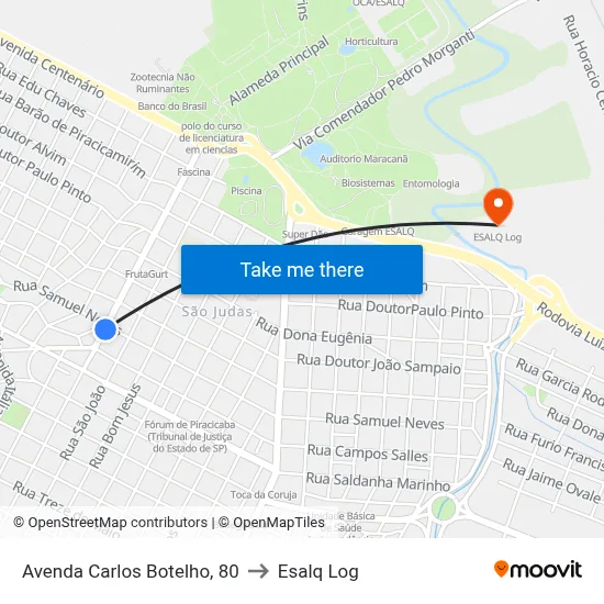 Avenda Carlos Botelho, 80 to Esalq Log map