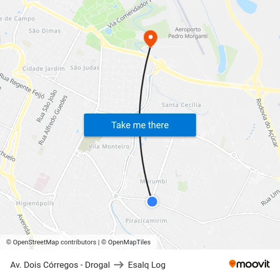 Av. Dois Córregos - Drogal to Esalq Log map