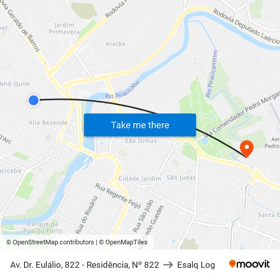 Av. Dr. Eulálio, 822 - Residência, Nº 822 to Esalq Log map