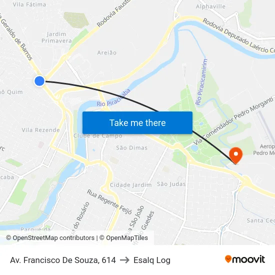 Av. Francisco De Souza, 614 to Esalq Log map