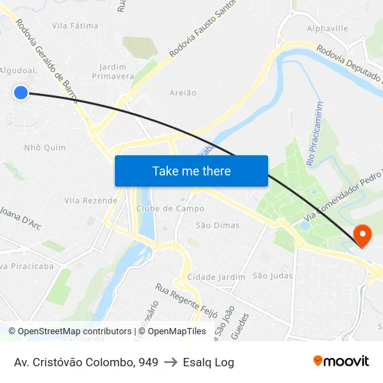 Av. Cristóvão Colombo, 949 to Esalq Log map