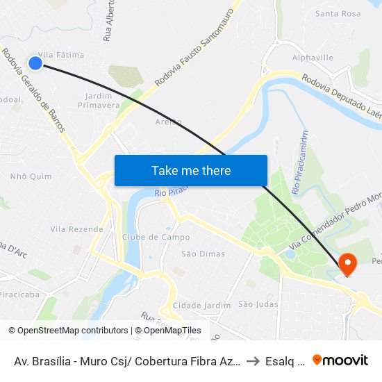 Av. Brasília - Muro Csj/ Cobertura Fibra Azul - Muro Csj to Esalq Log map