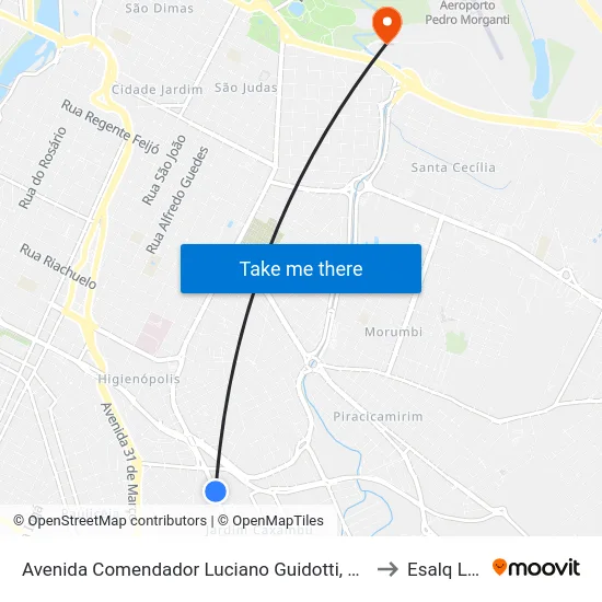 Avenida Comendador Luciano Guidotti, 1245 to Esalq Log map