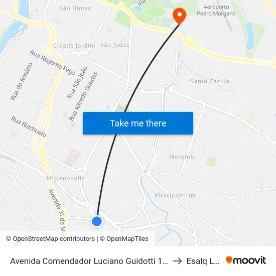 Avenida Comendador Luciano Guidotti 1001 to Esalq Log map