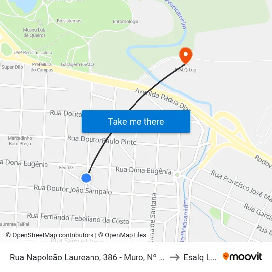 Rua Napoleão Laureano, 386 - Muro, Nº 386 to Esalq Log map