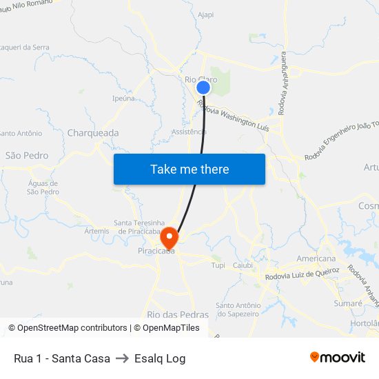 Rua 1 - Santa Casa to Esalq Log map