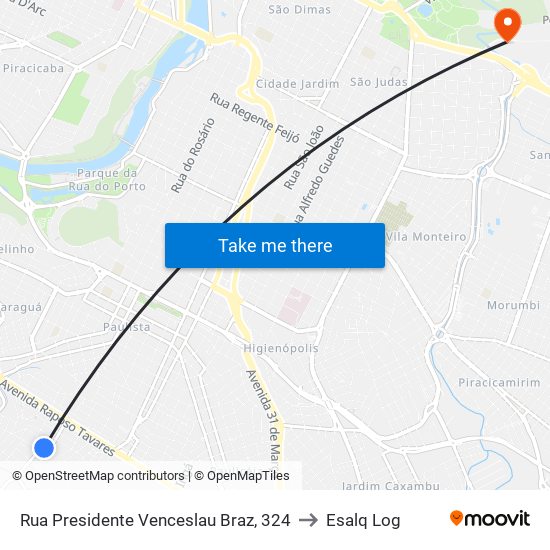 Rua Presidente Venceslau Braz, 324 to Esalq Log map