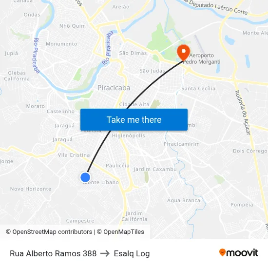 Rua Alberto Ramos 388 to Esalq Log map