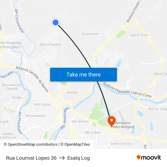 Rua Lourival Lopes 36 to Esalq Log map