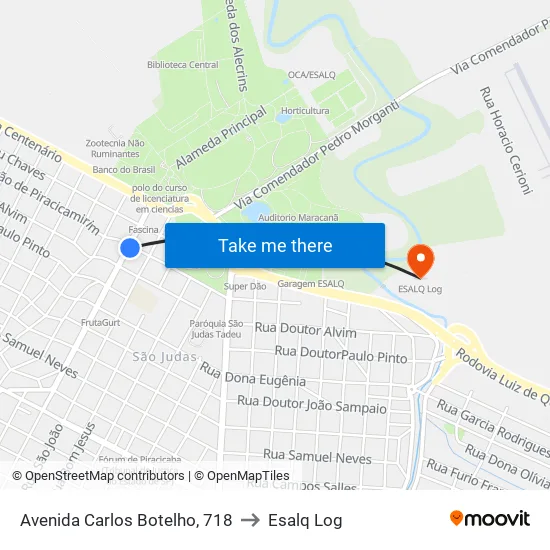Avenida Carlos Botelho, 718 to Esalq Log map