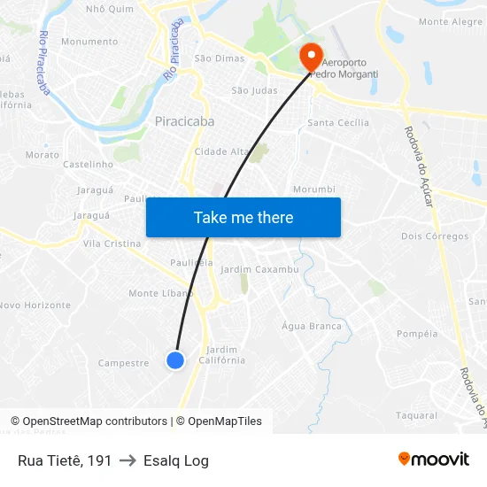 Rua Tietê, 191 to Esalq Log map