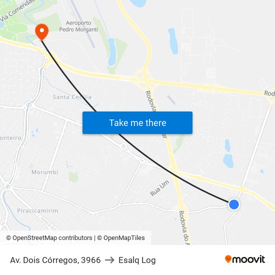 Av. Dois Córregos, 3966 to Esalq Log map