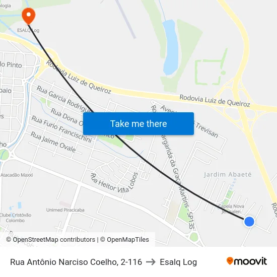 Rua Antônio Narciso Coelho, 2-116 to Esalq Log map