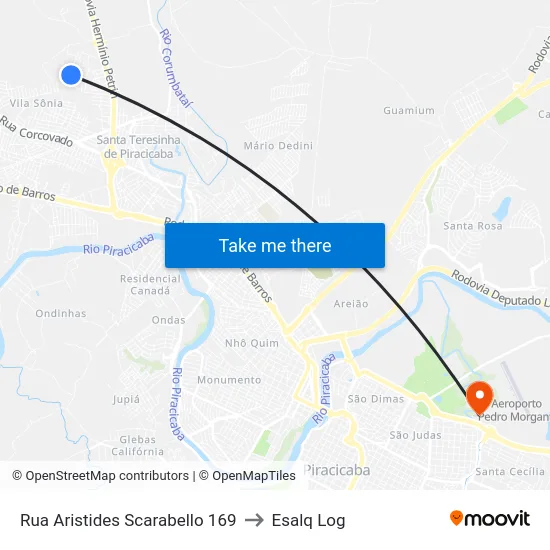 Rua Aristides Scarabello 169 to Esalq Log map