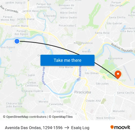 Avenida Das Ondas, 1294-1596 to Esalq Log map
