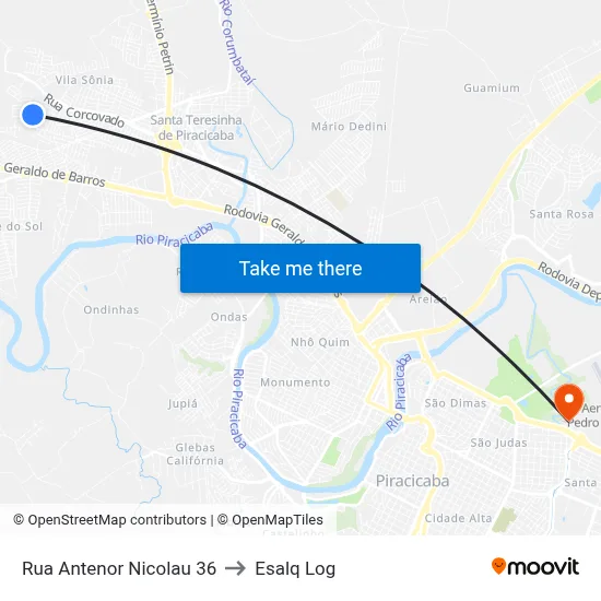 Rua Antenor Nicolau 36 to Esalq Log map