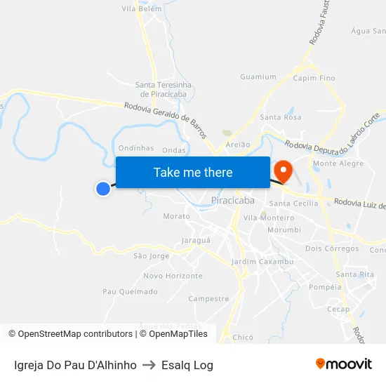 Igreja Do Pau D'Alhinho to Esalq Log map
