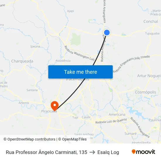 Rua Professor Ângelo Carminati, 135 to Esalq Log map