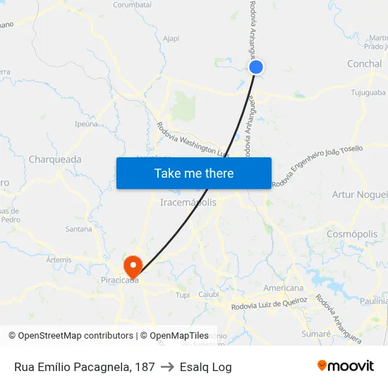 Rua Emílio Pacagnela, 187 to Esalq Log map