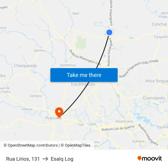 Rua Lírios, 131 to Esalq Log map