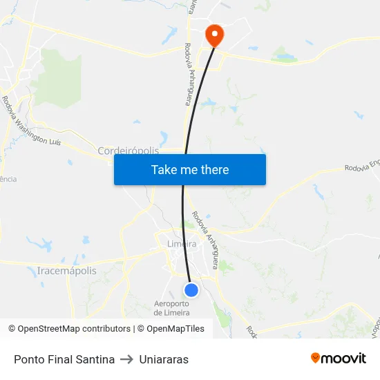 Ponto Final Santina to Uniararas map