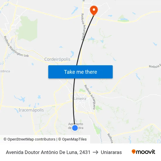 Avenida Doutor Antônio De Luna, 2431 to Uniararas map