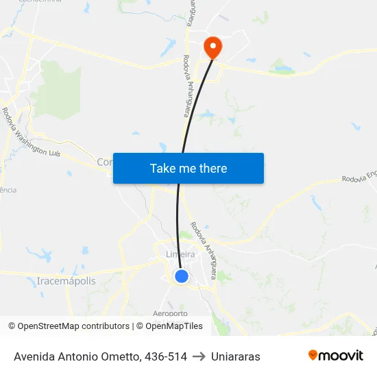 Avenida Antonio Ometto, 436-514 to Uniararas map
