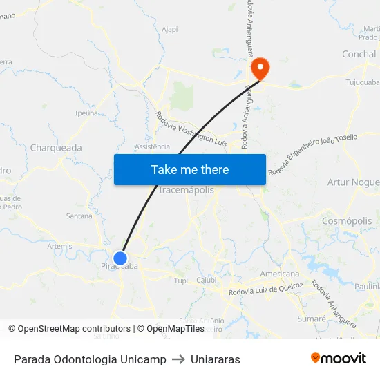 Parada Odontologia Unicamp to Uniararas map