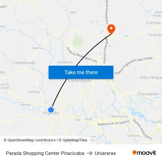 Parada Shopping Center Piracicaba to Uniararas map