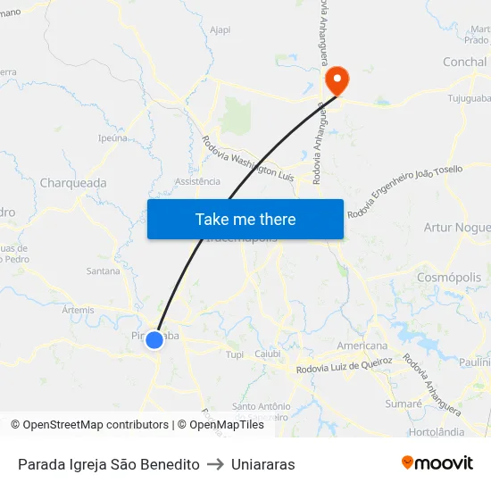 Parada Igreja São Benedito to Uniararas map