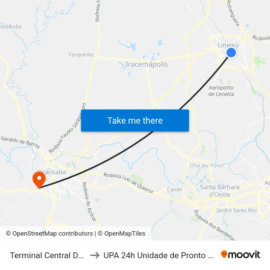 Terminal Central De Limeira to UPA 24h Unidade de Pronto Atendimento map