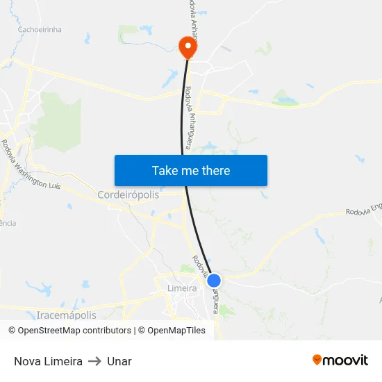 Nova Limeira to Unar map