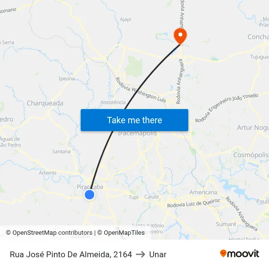 Rua José Pinto De Almeida, 2164 to Unar map