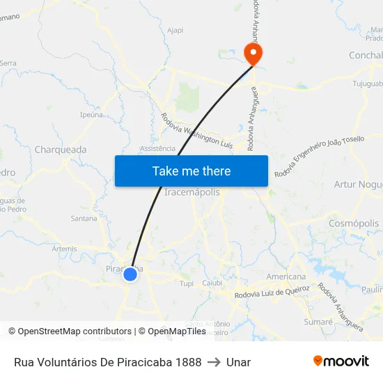 Rua Voluntários De Piracicaba 1888 to Unar map