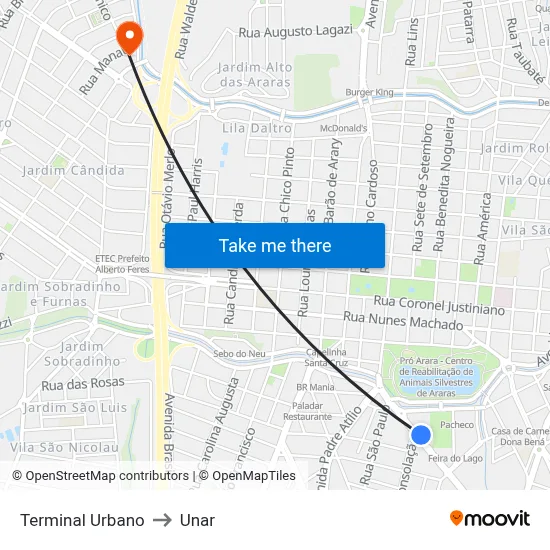 Terminal Urbano to Unar map
