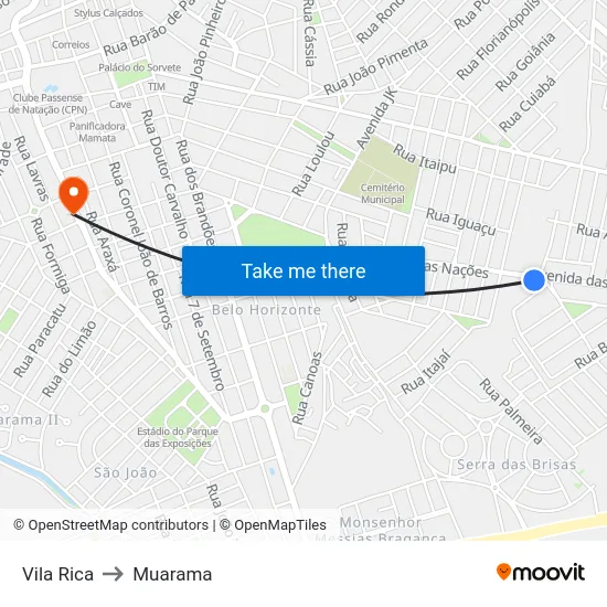 Vila Rica to Muarama map