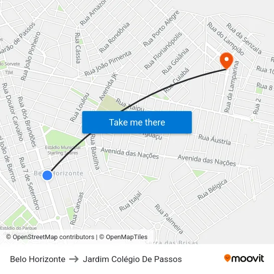 Belo Horizonte to Jardim Colégio De Passos map