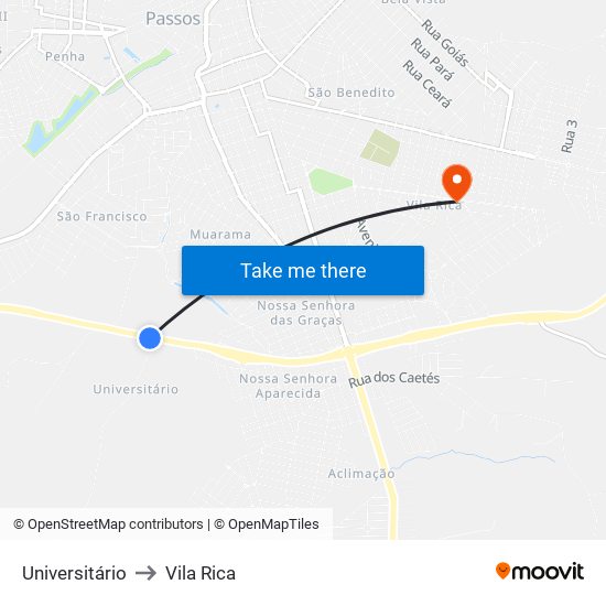 Universitário to Vila Rica map