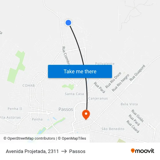 Avenida Projetada, 2311 to Passos map