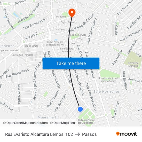 Rua Evaristo Alcântara Lemos, 102 to Passos map