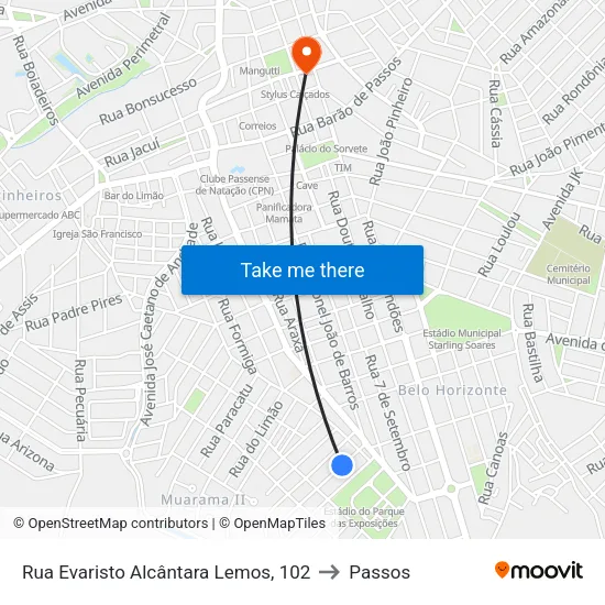 Rua Evaristo Alcântara Lemos, 102 to Passos map