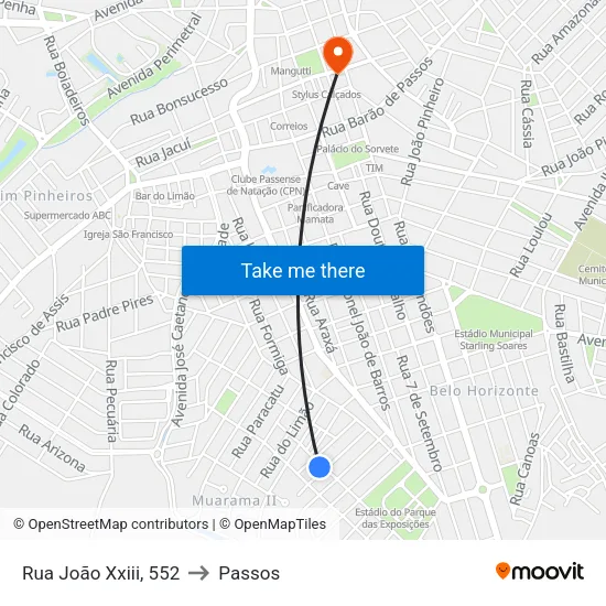 Rua João Xxiii, 552 to Passos map
