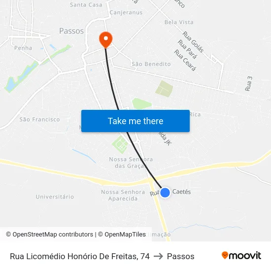Rua Licomédio Honório De Freitas, 74 to Passos map