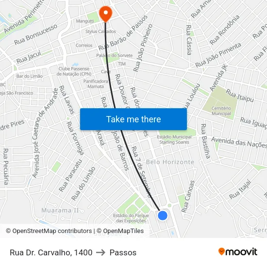 Rua Dr. Carvalho, 1400 to Passos map